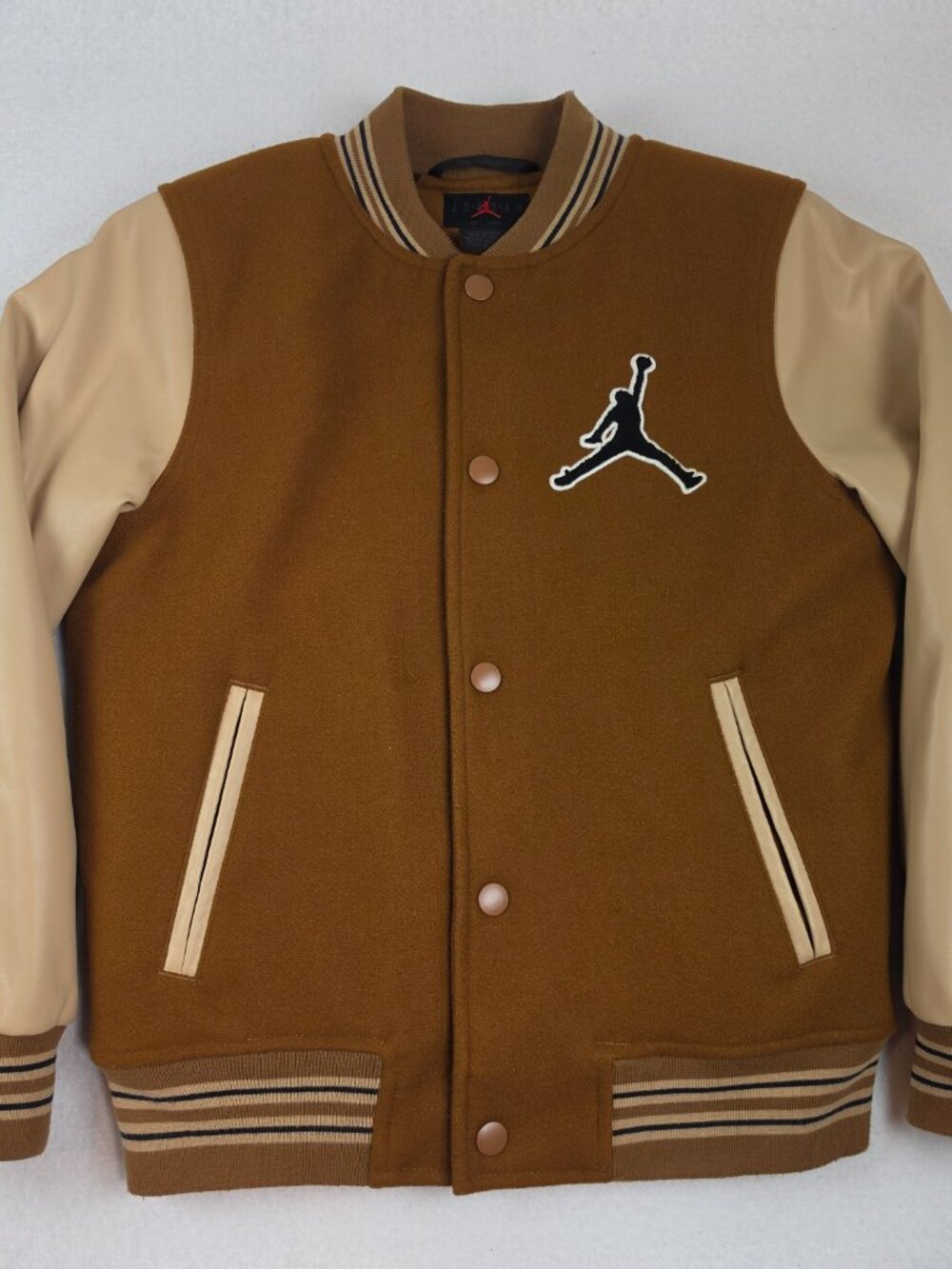 Jordan Kids Flight Varsity Jacket Brown Tan Wool Faux Leather Snap Up Size L 12-